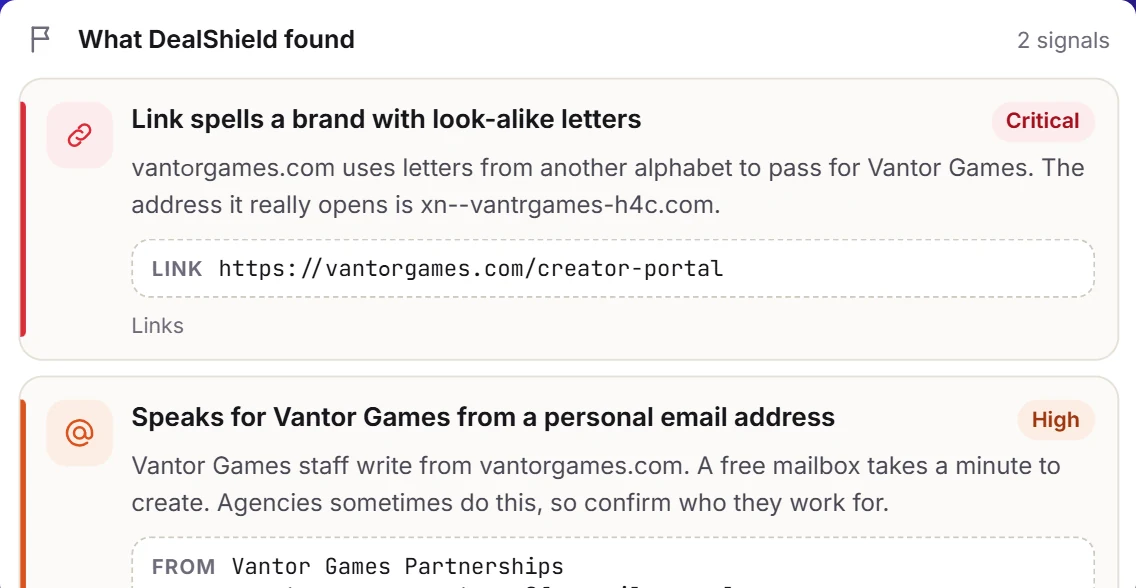 DealShield flagging a link that spells a brand with look-alike letters